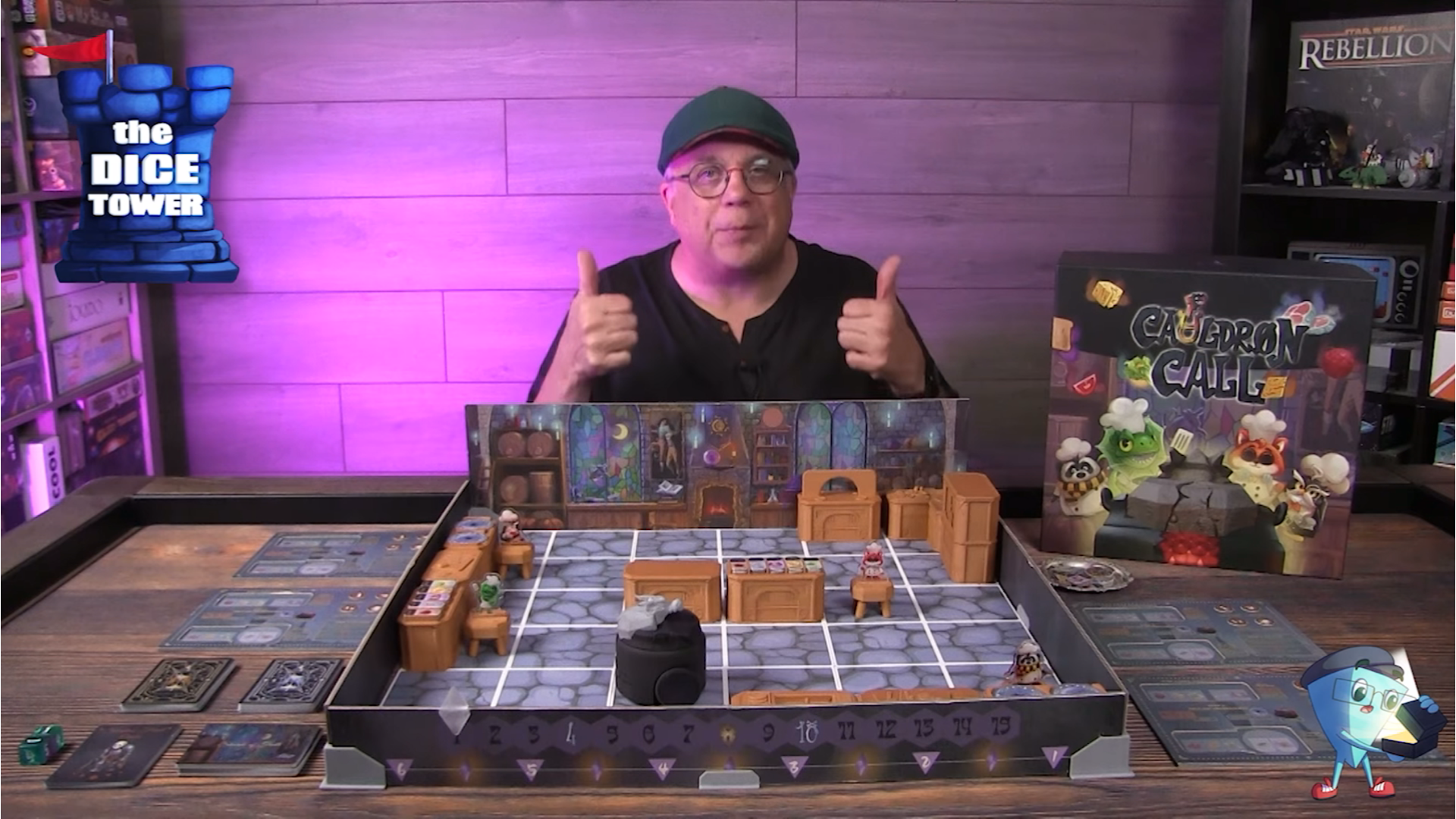 The Dice Tower preview of Cauldron Call board game with reviewer and full gameplay setup on table