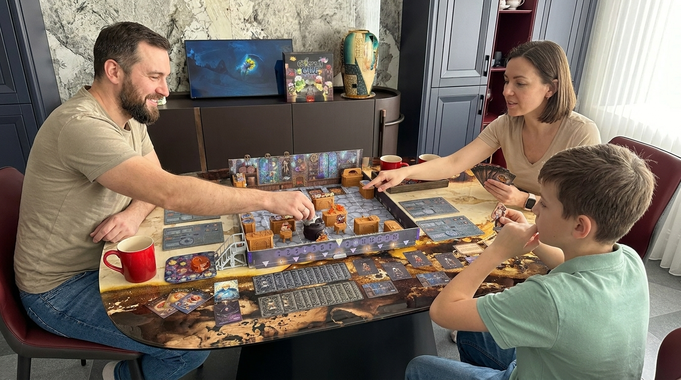 family playing Cauldron Call board game together at a table completing magical recipes