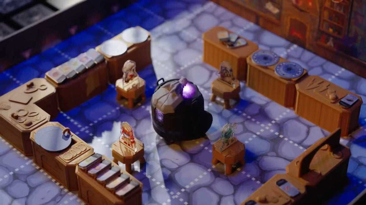 high quality 3D board game components in Cauldron Call showcasing detailed craftsmanship and kitchen setup