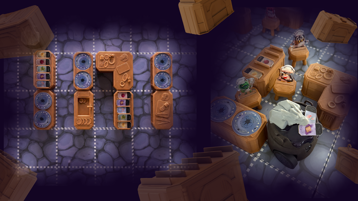 Cauldron Call transformable 3D gameboard with modular kitchen layout and furniture pieces